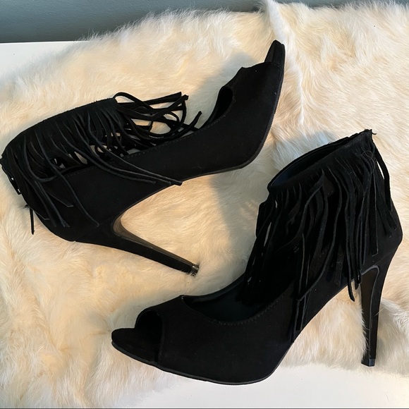 Bongo Black Suede Fringe Heels - Picture 2 of 13